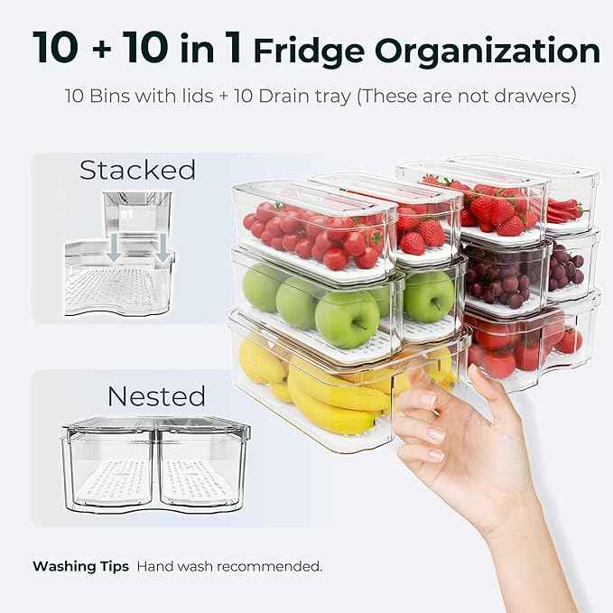 SMRCAD 10 Pack Refrigerator Organizers, Clear Container and Organizer Bins with Lids, Stackable Storage Containers for Fruits, Vegetable (Set of 10)