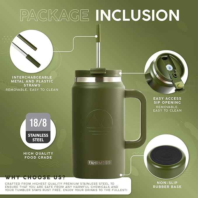 FAHRMOSIS 50 Oz Tumbler with Handle and Straw Large Insulated Tumbler Stainless Steel Travel Mug for Hot & Cold Drinks, Reusable Water Bottle with Lids and Straw - Army Green
