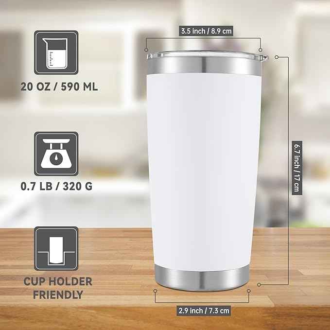 20 oz Tumblers Bulk Stainless Steel Tumbler with Lid Double Wall Vacuum Insulated Coffee Mug 20oz Powder Coated Cup for Hot and Cold Drinks, White, 12 pack