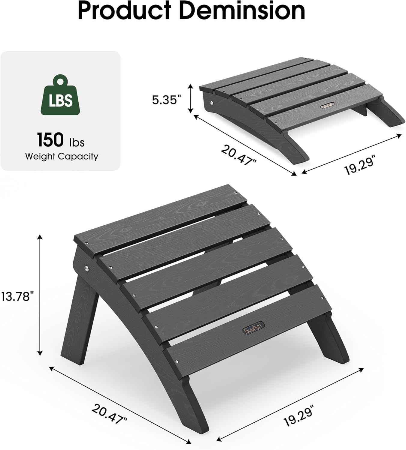 Adirondack Ottoman Footrest for Adirondack Chair, All-Weather HDPE Outdoor Foot Stool, Folding Patio Ottoman for Lawn, Garden, Deck, Backyard, Grey