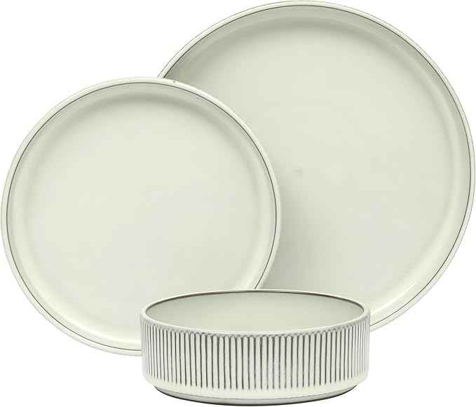 Gibson Elite 12 Piece (Service for 4) Townscape Plates and Bowls Reactive Glaze Embossed Round Dishes Terracotta Ceramic Dinnerware Set - Cream White