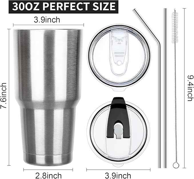 30 oz Tumbler with Lids and Straws Double Wall Insulated Tumbler Cup,Stainless Steel Leak-proof Thermal Coffee Tumbler Powder Coated Travel Mug for Cold and Hot Beverages,Silver