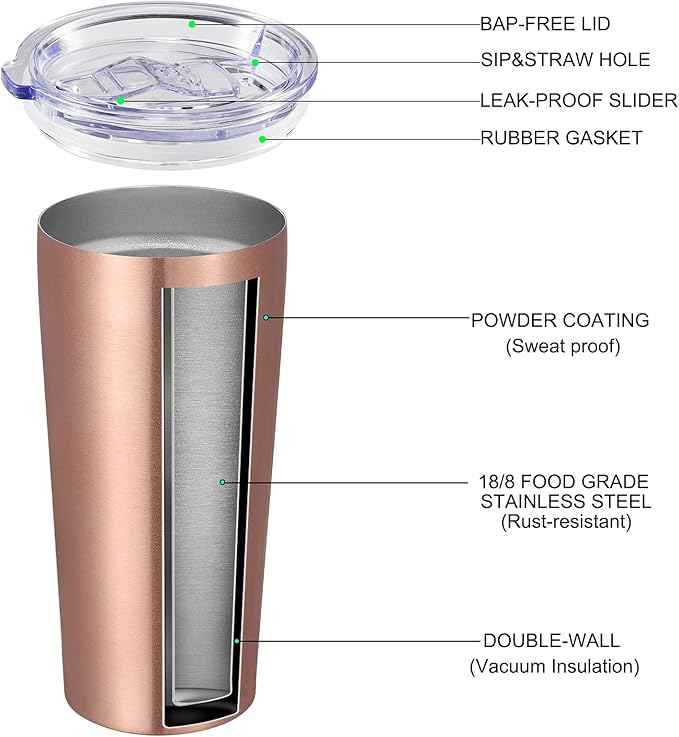 VEGOND 20oz Tumbler Bulk with Lid and Straw 6 Pack, Stainless Steel Vacuum Insulated Tumbler, Double Wall Coffee Cup Travel Mug, Rose Gold