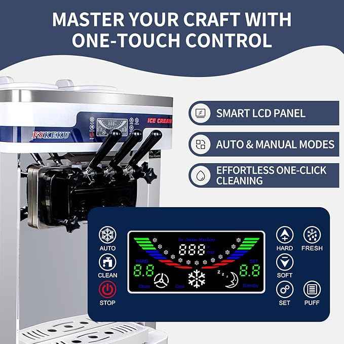 High-Efficiency Commercial Soft Serve Ice Cream Machine - 20-28L/H Capacity, Auto Clean,3 Flavors LED Display, Ideal for Restaurants and Snack Bars, 2200W