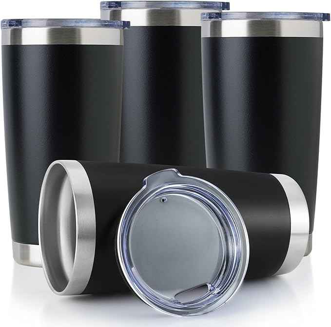 DOMICARE 20oz Stainless Steel Tumbler Bulk with Lid, Double Wall Vacuum Insulated Travel Mug, Powder Coated Coffee Cup, Powder Black, 4 Pack