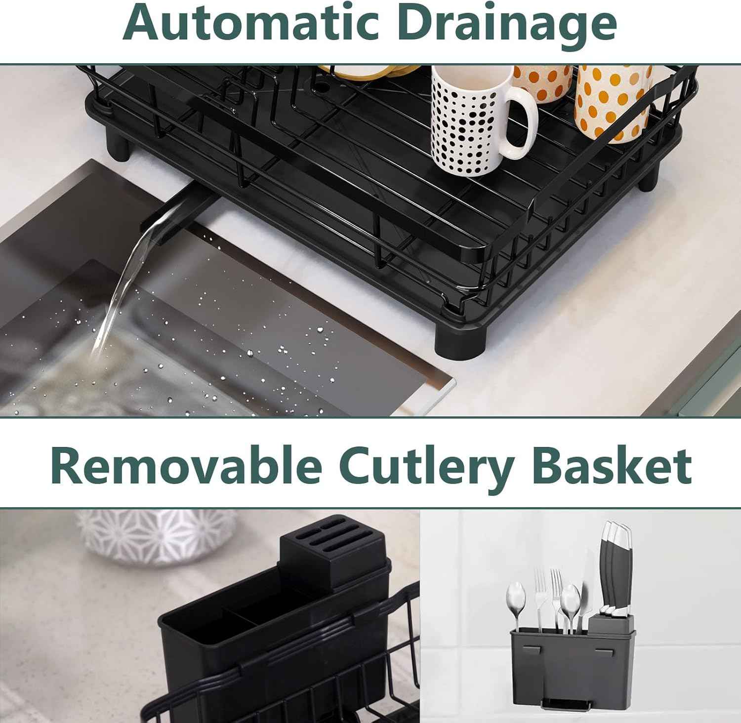 AIDERLY Iron Dish Drying Rack with Drainboard Dish Drainers for Kitchen Counter Extendable Spout Strainers with Utensil Holder and Knife Slots, Black