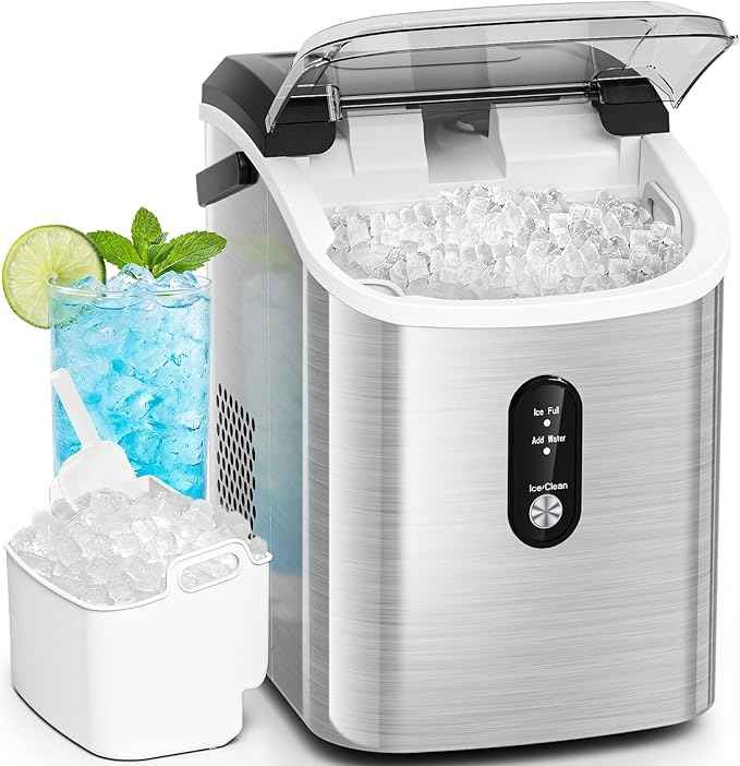 Antarctic Star Nugget Ice Makers Countertop with Handle, 35lbs/Day, Portable Sonic Ice Machine with Auto-Cleaning, Basket and Scoop for Home/Kitchen/Office/Camping(Stainless Steel Silver)