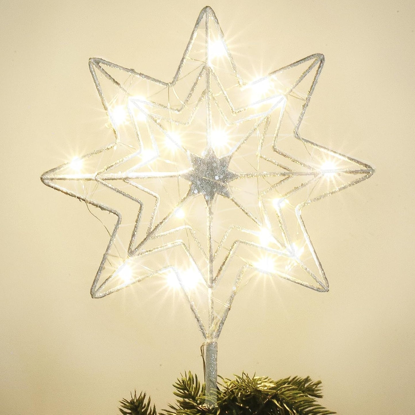hogardeck Christmas Tree Topper, Glittered Silver 8-Pointed Star Tree Topper for Christmas Treetop, 20 LED Timer Sparkling Tree Toppers for Christmas Tree Decorations