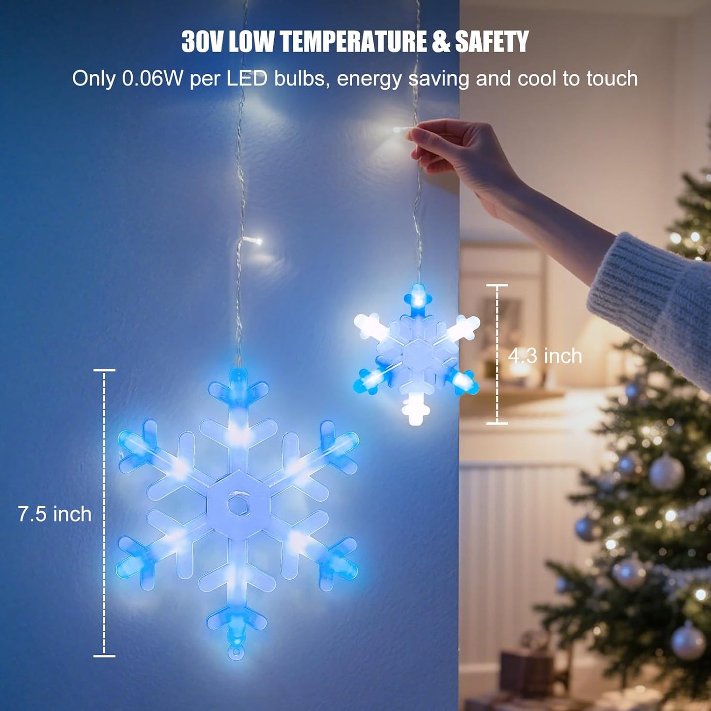 13 Ft 192 LED Snowflake Christmas Icicle Lights with 16 Drops, 8 Modes and Timer, IP65 Waterproof Connectable for Indoor Outdoor House Window, Blue and White