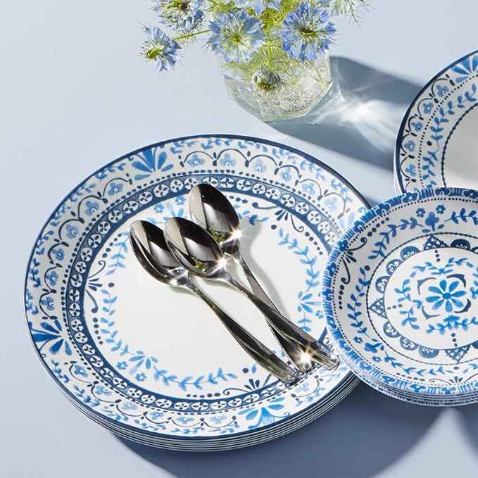 Corelle Vitrelle 18-Piece Service for 6 Dinnerware Set, Triple Layer Glass and Chip Resistant, Lightweight Round Plates and Bowls Set, Portofino
