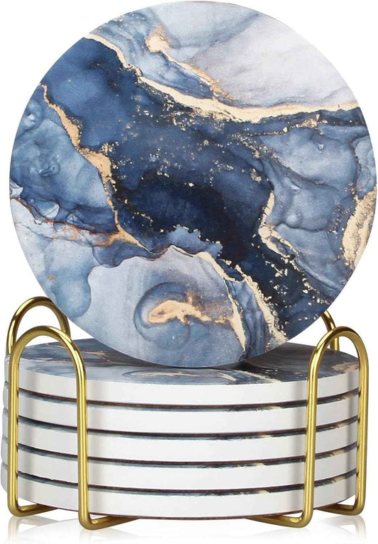 Coasters Set of 6, Navy Blue Marble Abstract Round Ceramic Coasters with Holder, Best Absorbent Drink Coaster Set, Coffee Table Decor for Home Decor House Warming Gifts New Home