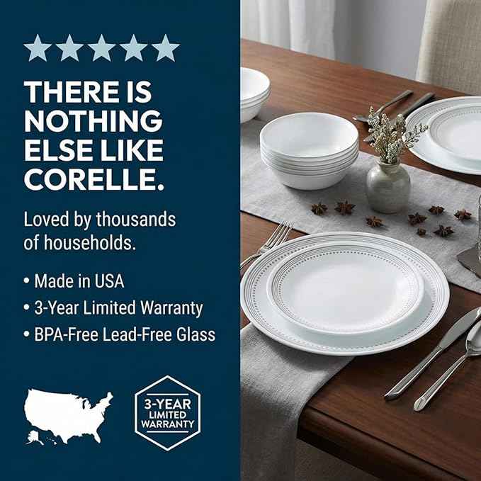 Corelle Vitrelle 18-Piece Service for 6 Dinnerware Set Triple Layer Glass and Chip Resistant, Lightweight Round Plates and Bowls Set, Mystic Gray