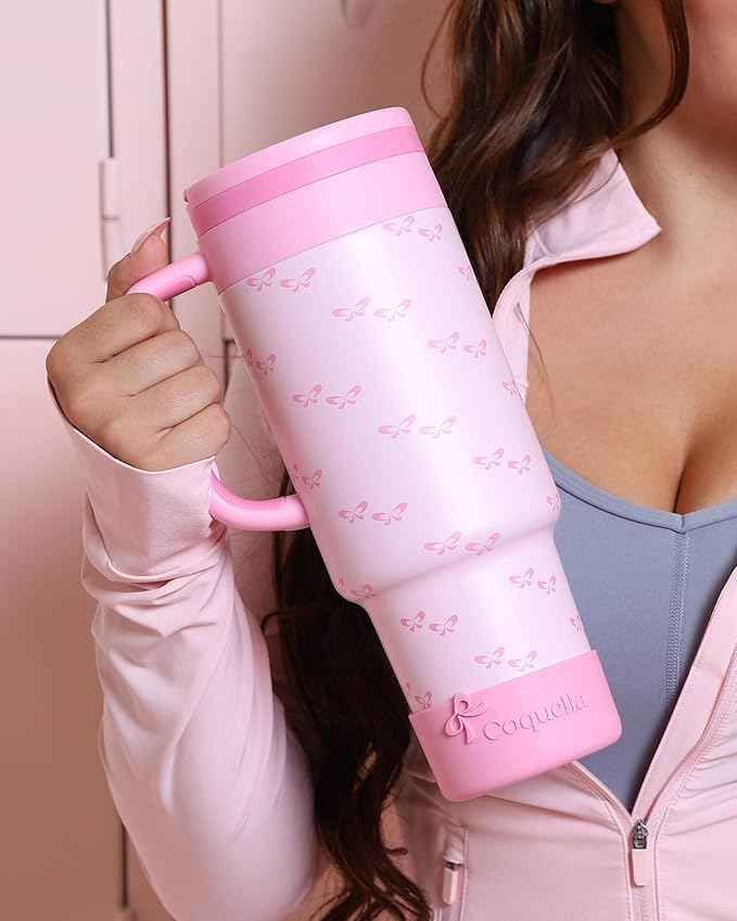 40 oz Insulated Tumbler with Handle and Push-Button Straw Lid, Stainless Steel Travel Cup for Gym Office Leakproof, BPA-Free, Cup Holder Friendly, Bow Silicone Boot, Pink (Coquette Bubblegum)