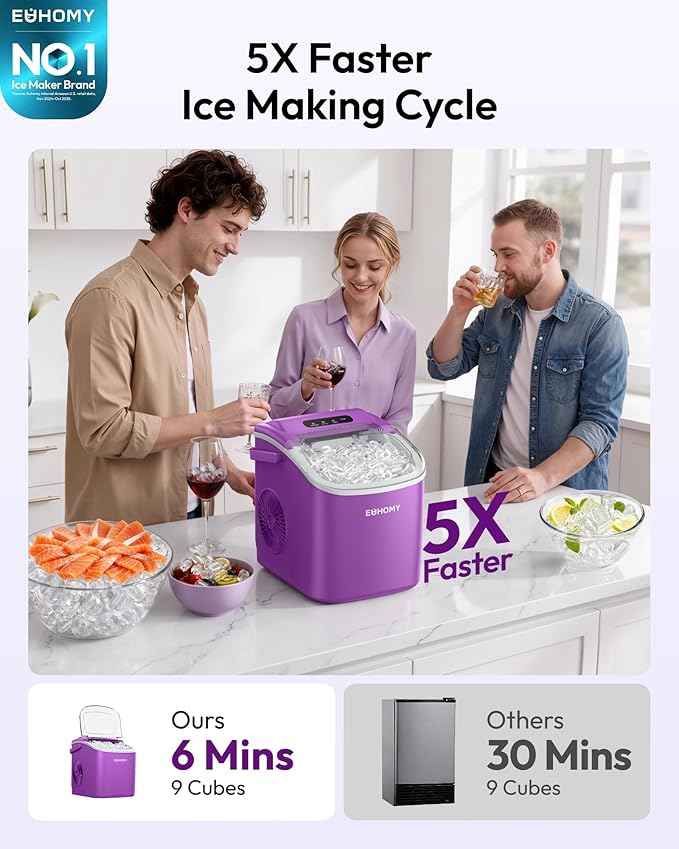 EUHOMY Countertop Ice Maker Machine with Handle, 26lbs Per Day, 9 Ice Cubes Ready in 6 Mins, Auto-Cleaning Portable Ice Maker with Basket and Scoop, for Home/Kitchen/Camping/RV (Purple)