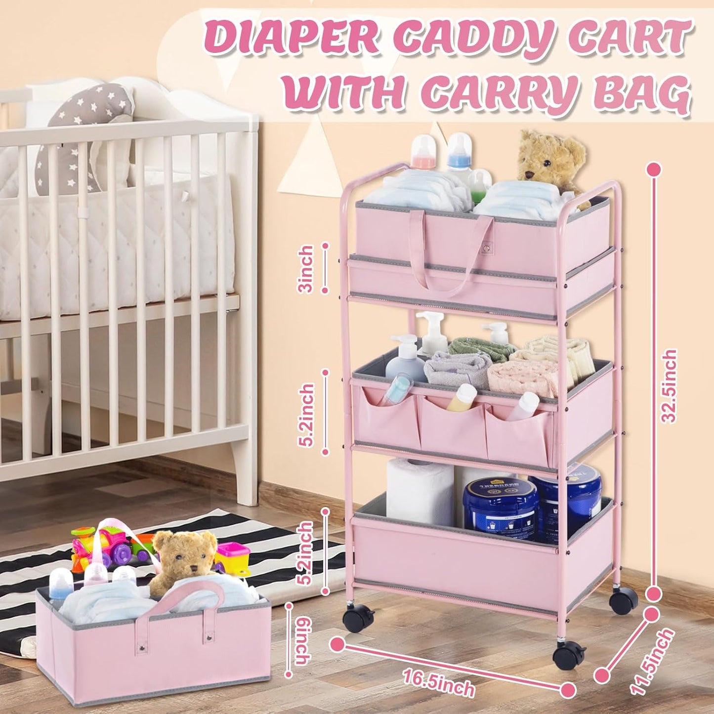 Honeydak 2in1 Baby Diaper Caddy Organizer Cart 3 Tier Large Capacity Metal Utility Bedside Rolling Cart with Divider for Newborn Nursery Essential Must Have for Crib Bedroom Baby Shower(Pink)