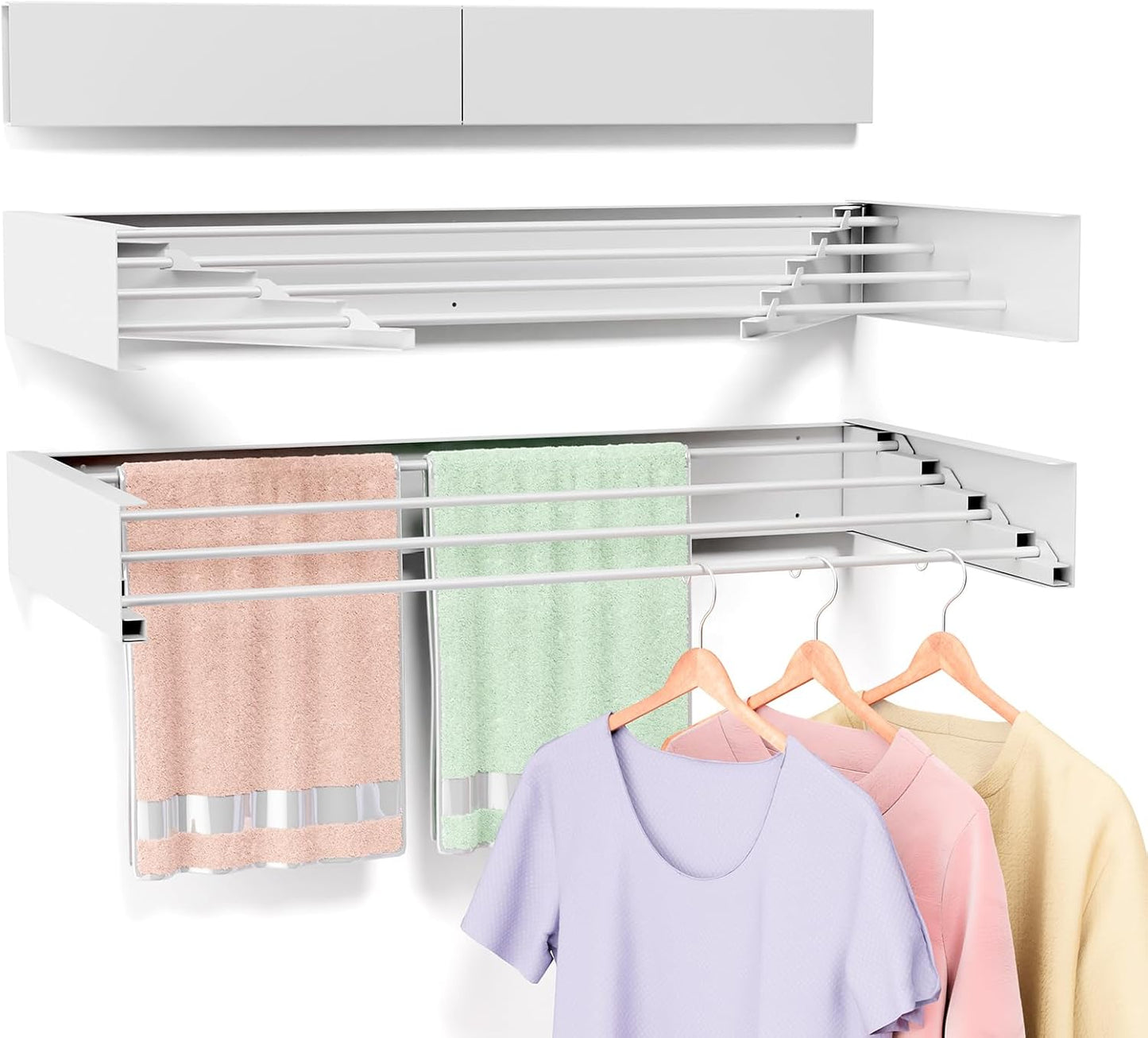 Wall Mounted Drying Rack for Laundry 23.6'', Folding Drying Rack Clothing Wall Mount with 4 Rods, Space Saving for Indoor Outdoor Bathroom Balcony (White, 23.6'')
