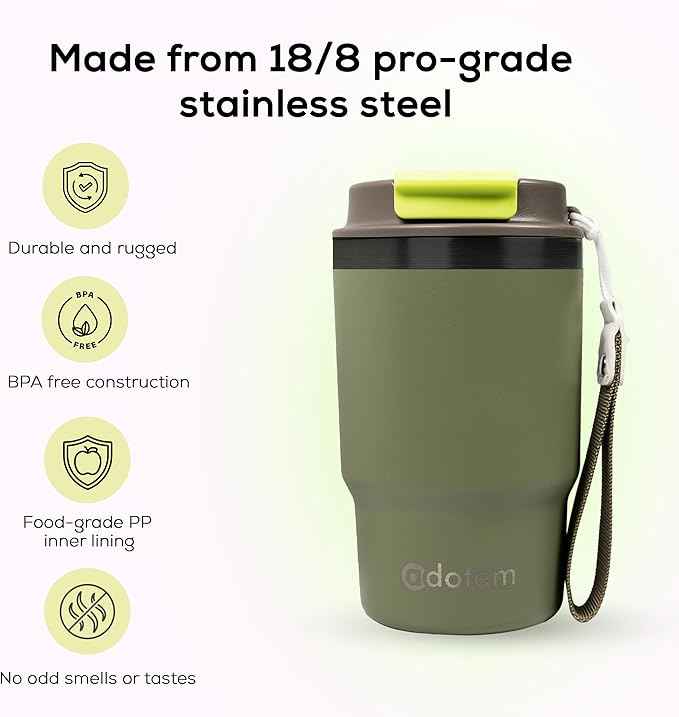 Insulated 16oz Stainless Steel Tumbler Mug Leakproof Double Walled Vacuum Thermal Coffee Cup with 2-in-1 Straw & Lid, Cupholder-Friendly Travel Mug for Hot & Cold Drinks (Olive Green)