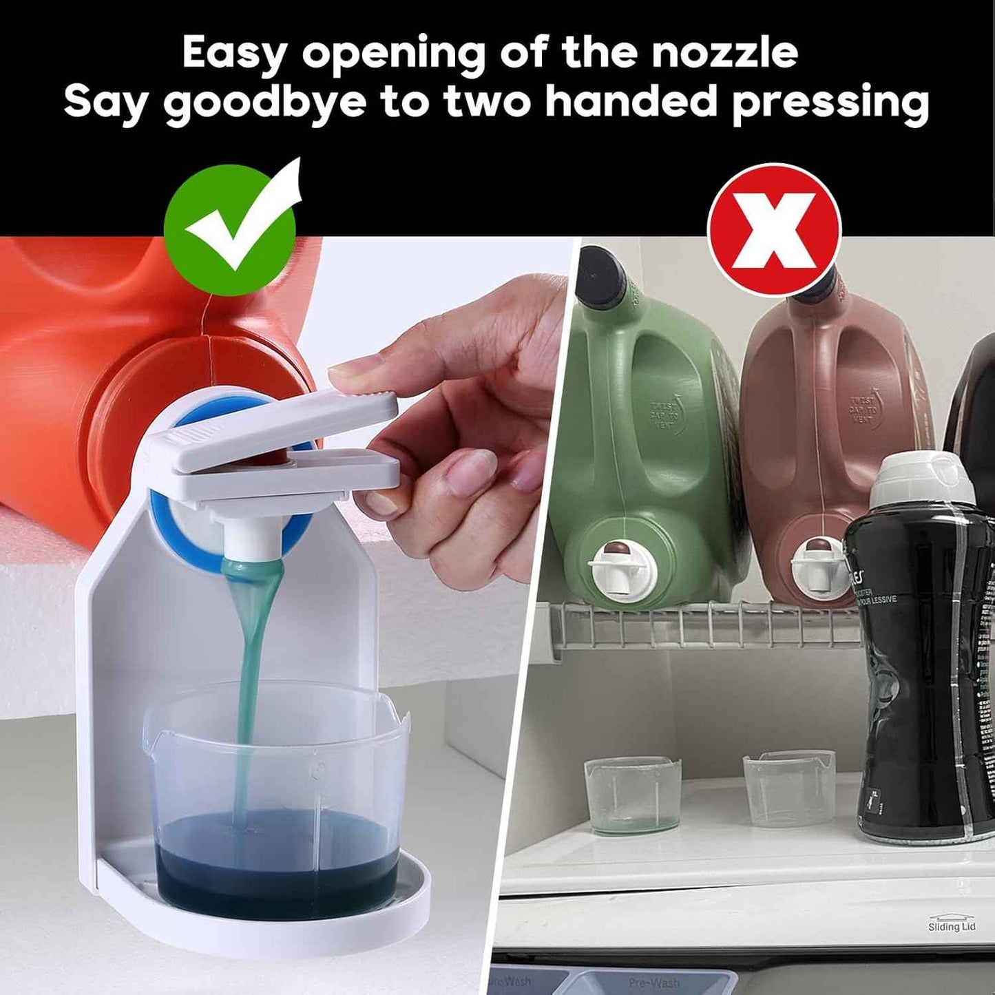 KMOUANTS 2 Pack Laundry Detergent Dispenser Cup Holder, Nozzle button upgrade，Easily No More runny or Messy Laundry Detergent, Laundry Cup Holder and drip Tray Room Organization and Storage