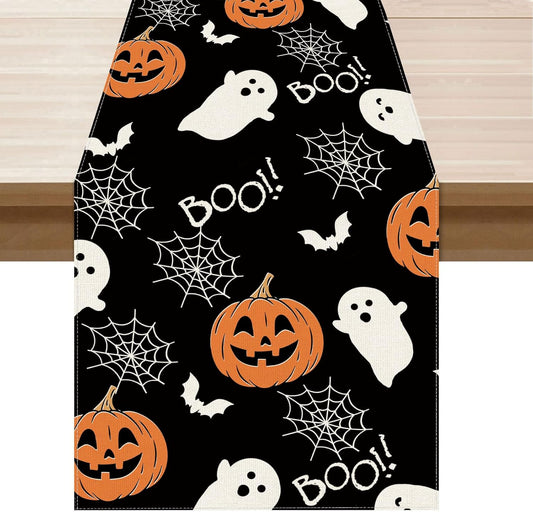 XCHI Boo Spooky Ghost Pumpkin Halloween Table Runner Burlap Table Decoration for Home Kitchen Dining Dinner Indoor Holiday Farmhouse Decor 13x72 Inch