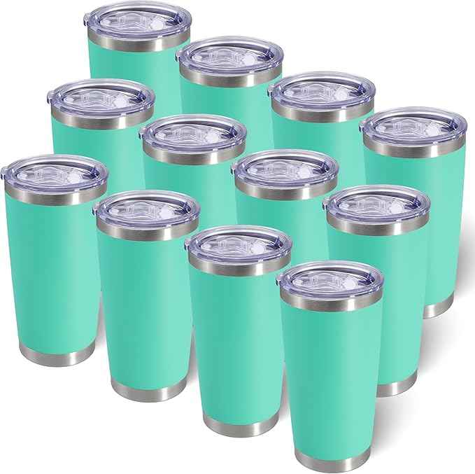 AIANJI 20oz Tumbler Bulk Stainless Steel Tumblers with Lid Vacuum Insulated Double Wall Travel Coffee Mug Powder Coated Tumbler Cup for Hot and Cold Drinks(Light Blue, 12 pack)