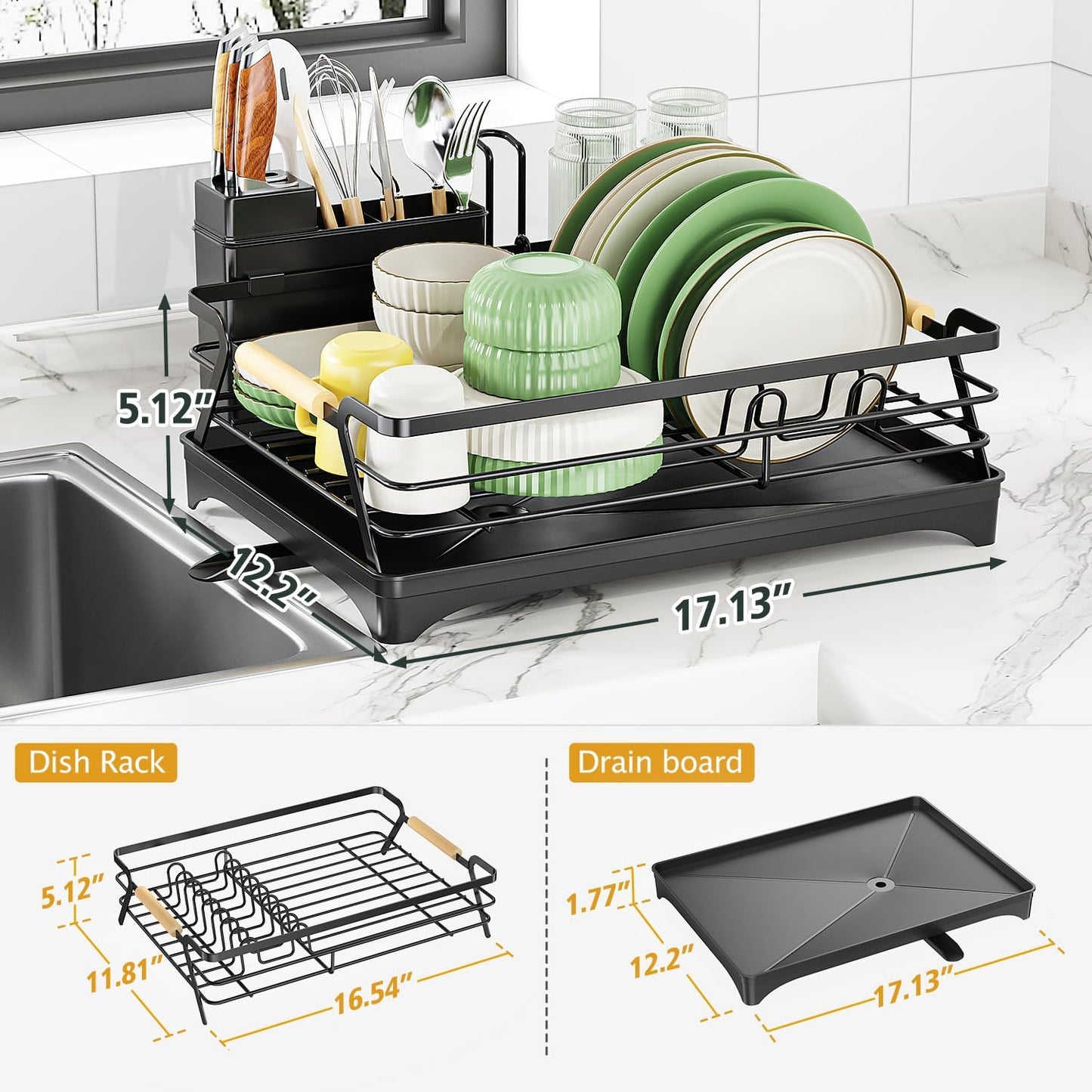 Epicano Dish Drying Rack for Kitchen Counter - Large Capacity Dish Rack with Wooden Handle,Cup Holder & Knife Slots, Rustproof Dish Drainer with Auto-Drainage System, Kitchen Sink Organizer, Black