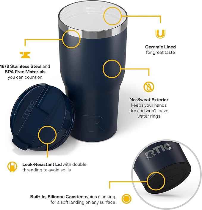 RTIC 30oz Essential Tumbler with Lid, Ceramic Lined, Insulated, Stainless Steel, Metal, Double Wall Vacuum-Insulation, Travel Cup for Iced Coffee, Tea, Hot and Cold Drink, Navy
