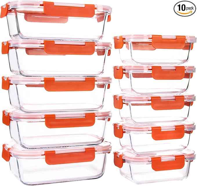 UMEIED 10 PACK Glass Food Storage Containers with Leak Proof Lids, Glass Airtight Meal Prep Containers Set for Lunch, On the Go, Leftover, Kitchen Pantry Organizers and Storage (Orange)