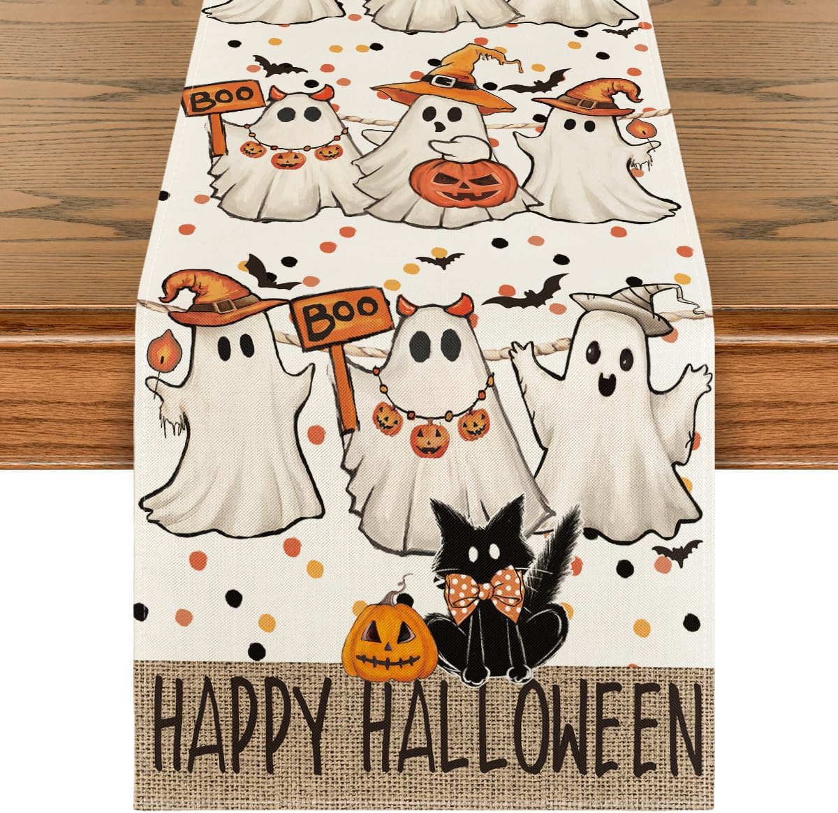 Artoid Mode Beige Ghost Jack-O'-Lantern Black Cat Halloween Table Runner,Holiday Kitchen Dining Table Decoration for Home Party Decor 13 x 36 Inch
