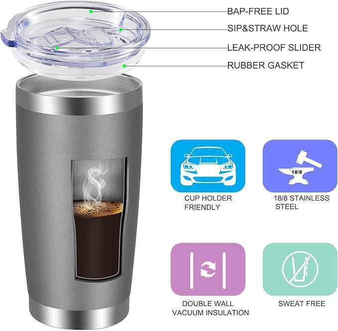 VEGOND 20oz Tumbler with Lid and Straw Stainless Steel Tumbler Cup Bulk Vacuum Insulated Double Wall Travel Coffee Mug Powder Coated Coffee Cup, Grey, 12 Pack