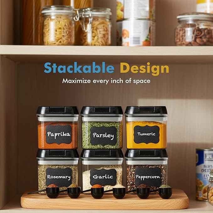 Shazo 6 PC Airtight Food Storage Containers + 6 Spoons Included - BPA Free Plastic Snack & Spice Containers with Easy Lock Lids - Kitchen and Pantry Organization for Herbs Coffee Tea - 0.5L / 2.1 Cup