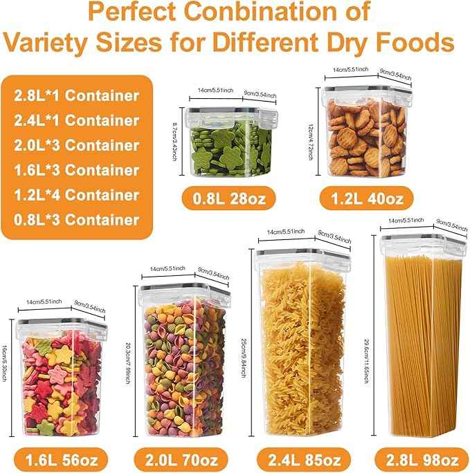 15 PCS Airtight Food Storage Containers with Lids, BPA Free Clear Plastic Kitchen and Pantry Organization and Storage Set for Flour, Sugar, Cereal, Pasta, Includes 15 Labels and Marker