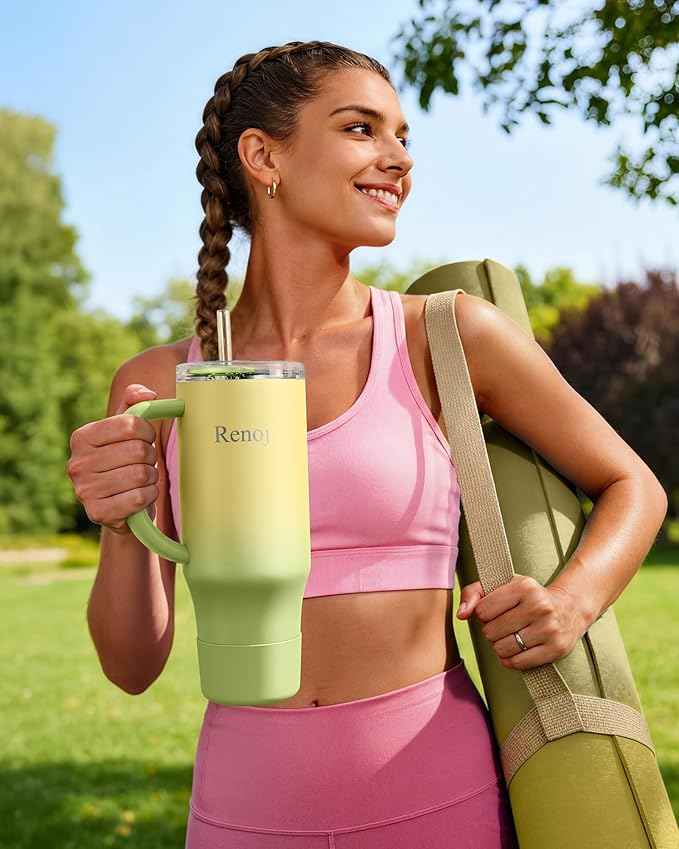 Renoj Insulated Mug 100% Spill Resistant Insulated Water Bottle for Iced Coffee & Hot Drinks - Fits Car Cup Holder, Ideal Gift, 2 Straws & Silicone Boot - FlexSlide Green Gradient 32 oz