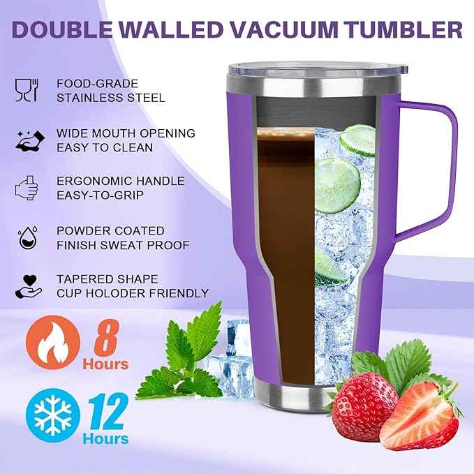 30 oz Stainless Steel Insulated Tumbler with Handle, Lid and Straw, Double Wall Vacuum Insulated Coffee Mug, Insulated Coffee Thermal Cup for Cold and Hot (Purple)