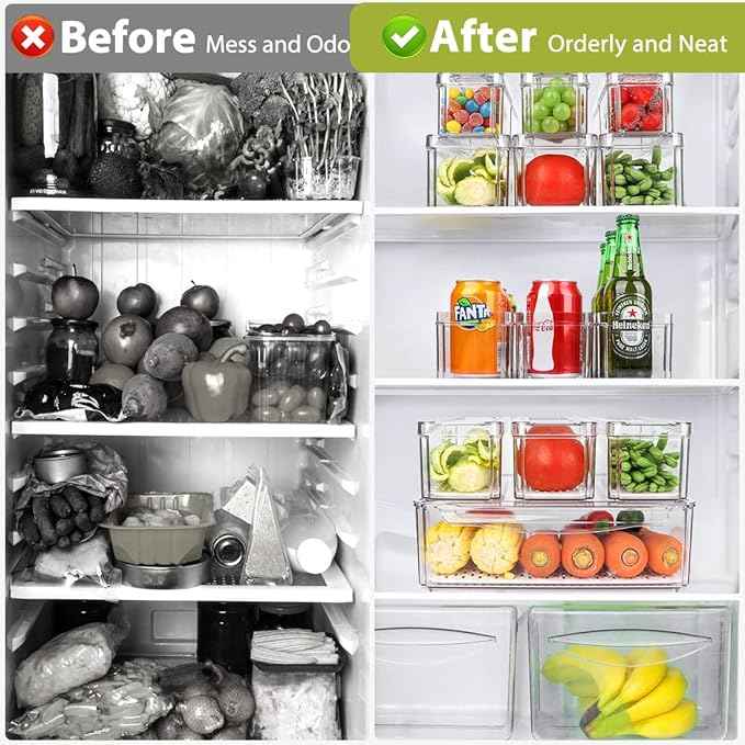 10 Pack Refrigerator Pantry Organizer Bins, Stackable Fridge Organizer Bins with Lids, Clear Plastic Food Storage Bins for Kitchen, Countertops, Cabinets, Fridge, Drinks, Fruits, Vegetable, Cereals