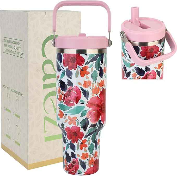 40 oz Insulated Tumbler with Top Handle and Flip Straw, Vacuum Insulated Stainless Steel Cup with Leak-Proof Lid, Sweat-Free, Fits Cup Holder, Keeps Ice Cold up to 30 Hours
