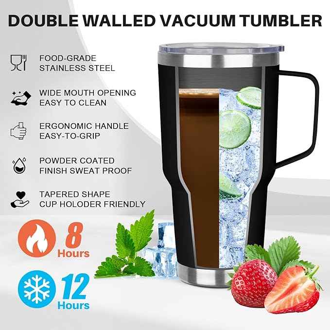 30 oz Stainless Steel Insulated Tumbler with Handle, Lid and Straw, Double Wall Vacuum Insulated Coffee Mug Tumbler, Insulated Coffee Thermal Cup for Cold and Hot (Black)