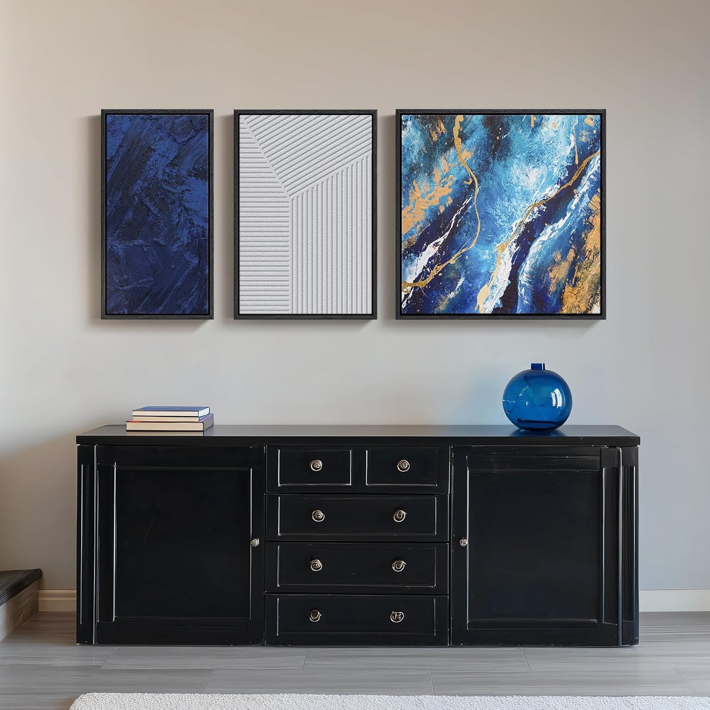Framed Blue Abstract Wall Art Set, 3-Piece Blue White Gold Canvas Prints Paintings Artwork for Walls, Modern Abstract Pictures for Living Room, Dining Room, Bedroom, Home Office Wall Decor
