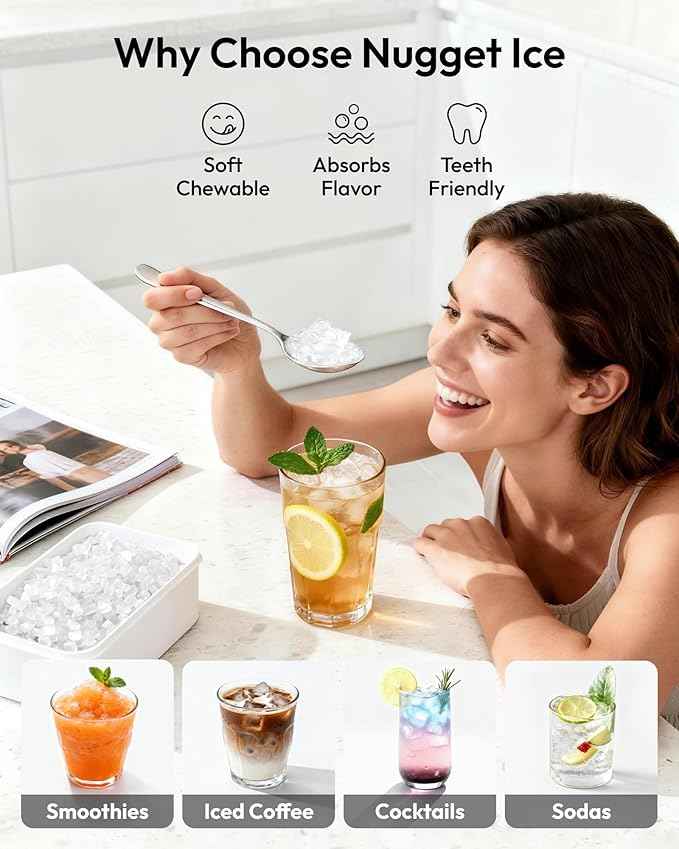 EUHOMY Nugget Ice Maker Countertop with Handle, Ready in 6 Mins, 35lbs Per Day, Removable Top Cover, Auto-Cleaning, Portable Sonic Ice Maker with Basket and Scoop, for Home/Party/RV/Camping