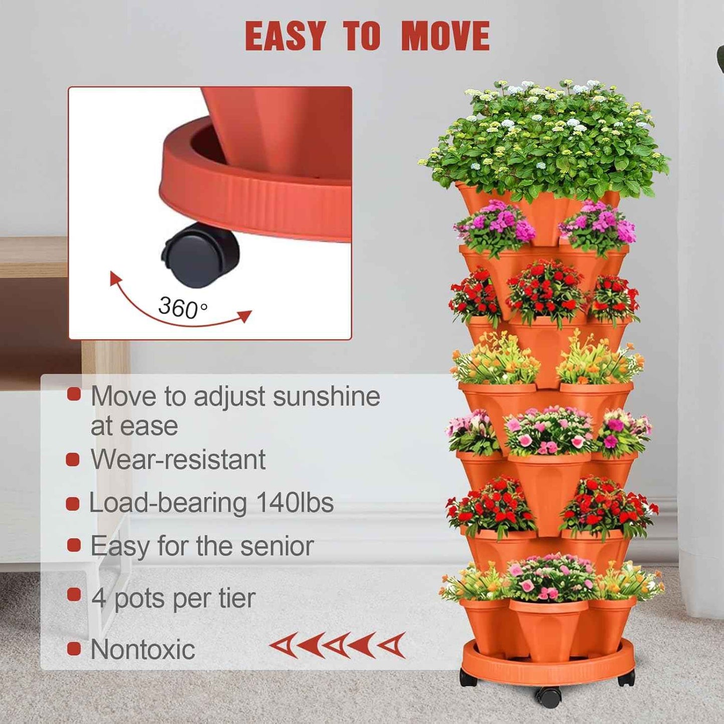 7 Tier Vertical Strawberry Planter-Tower Stackable Herb Planter Stacking Garden Planters Pot Outdoor with Tools Mover for Growing Flowers, Vegetables and Succulents, Red