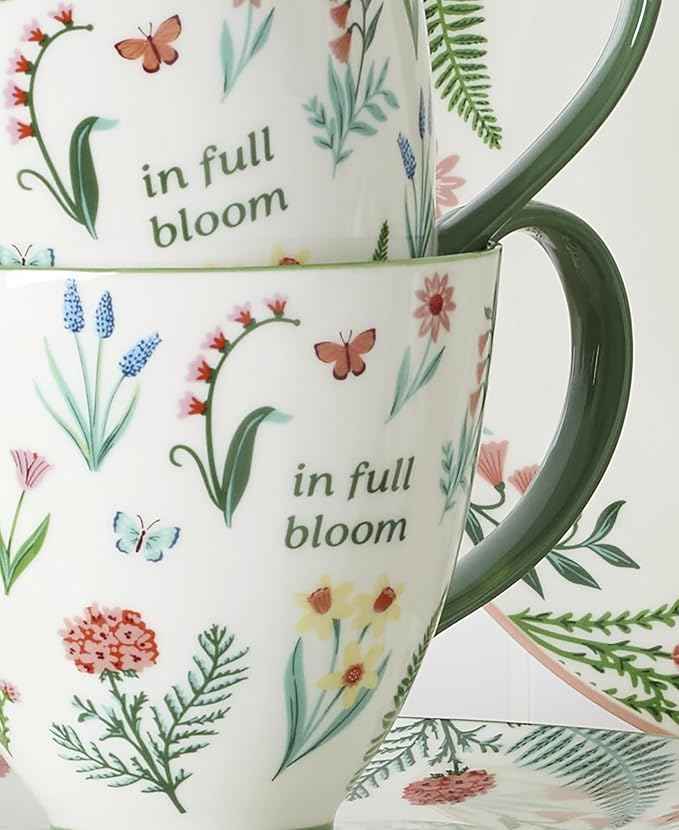 Oneida Coffee Mug Set, First Blooms Green Mugs 2 Pieces, Service For 2, Porcelain Material, 12 Ounce Capacity, Microwave And Dishwasher Safe, Ceramic Mugs, Coffee Cups, Tea Cup (Green, 2 Pieces)