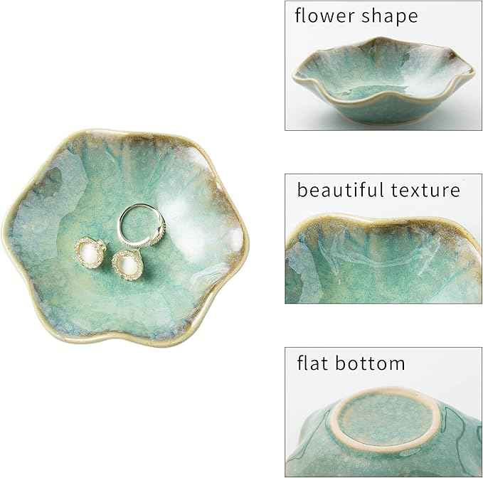 Jewelry Dish Tray, Ring Dish, Ceramic Trinket Tray, Key Bowl, Decorative Plate, for Friends Sisters Daughter Mother (Emerald Green)