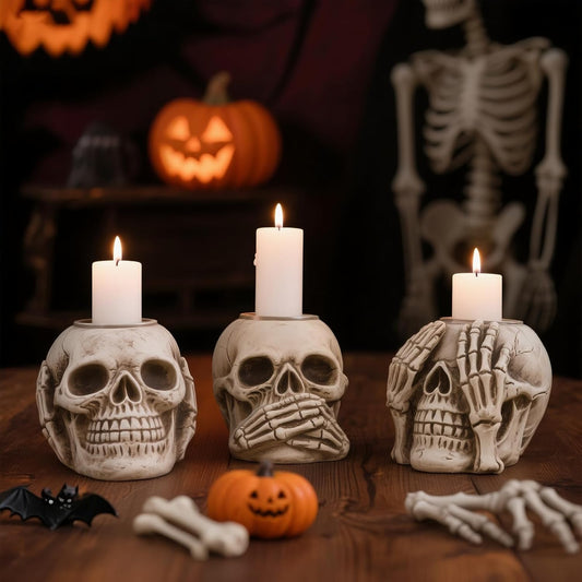 Halloween Skull Candle Holder, Skeleton Head Candlestick Holders Table Decor Centerpiece Candlesticks, Resin Horrible Spooky Creepy Crafts for Flameless Candle Halloween Christmas Home Party, Set of 3