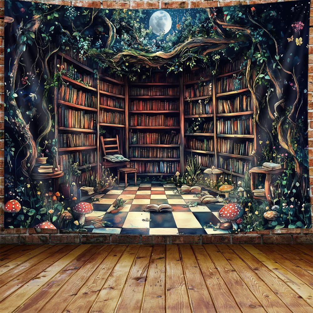 Magical Forest Tapestry, Fairytale Tree Magic Bookshelf Aesthetic Tapestries for Classroom, Witchy Fairy Tree Mysterious Vintage Bookshelf Book Art Tapestry Wall Hanging College Room Bedroom, 60X40