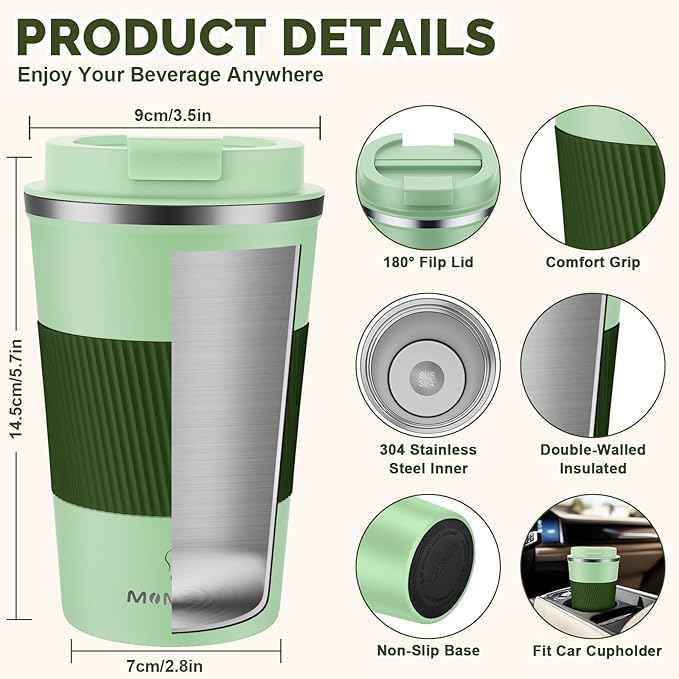 MOMSIV 12oz Travel Mug, Insulated Coffee Cup with Leakproof Lid, Vacuum Stainless Steel Double Walled Reusable Tumbler for Hot and Cold Water Coffee and Tea In Travel and Car (Green-380ml)