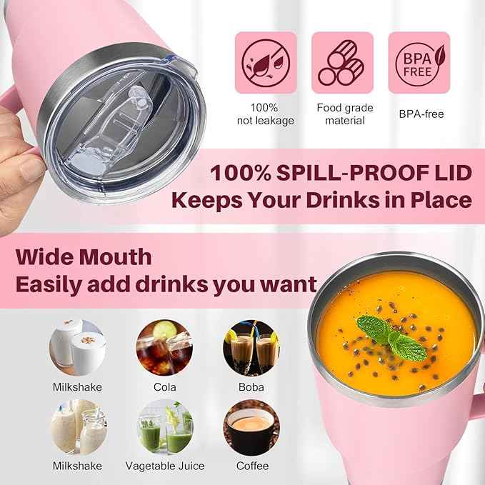 30 oz Stainless Steel Tumbler with Handle, Double Wall Vacuum Insulated Coffee Mug Tumbler with Lid and Straw, Thermal Cup for Cold and Hot (Pink)