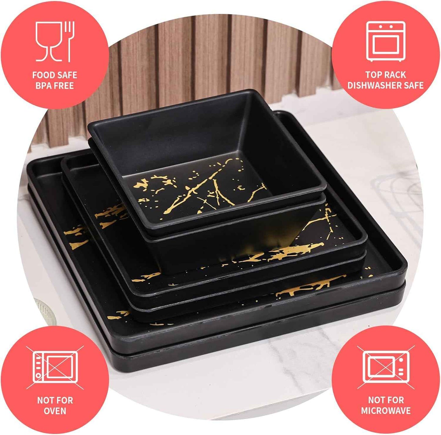 Melamine Dinnerware Sets - 12pcs Square Plates and Bowls Sets For 4, Indoor Outdoor Use, Dishwasher Safe, Black & Gold