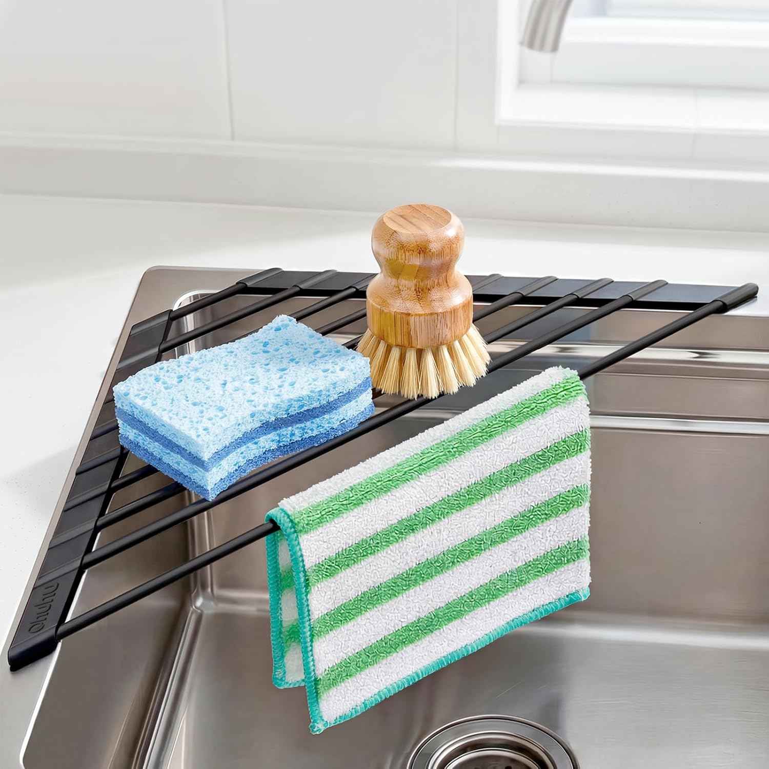 Ohuhu Corner Sink Caddy, Sponge Holder for Kitchen Sink Organizer - Silicone Wrapped Steel Anti Slip Rust Triangle Over the Sink Roll-UP Dish Drying Rack for Sink Corner Kitchen Sink Accessories