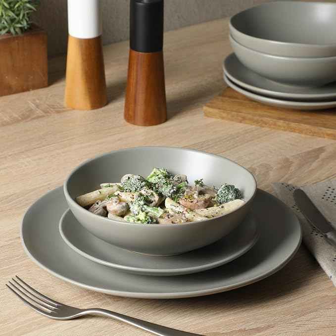 Gibson Home Bethel 18 Piece Plates and Bowls Ceramic Stoneware Organic Shape Dinnerware Set (Service for 6) - Matte Grey