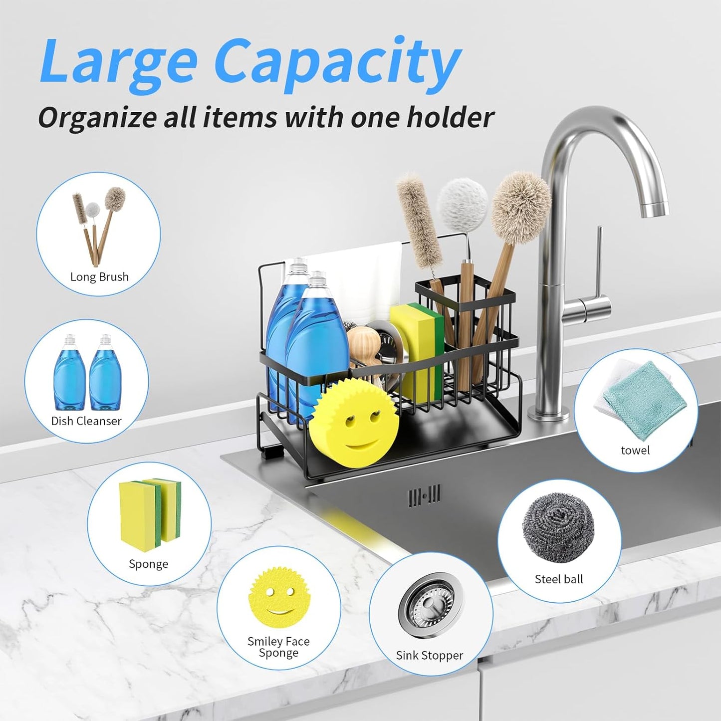 Sponge Holder for Kitchen Sink 304 Stainless Steel Self-Draining Sink Caddy with Smiley Face Sponge and Brush Holder Towel Bar and Divider Kitchen Gadgets Organizer for Countertop, Black