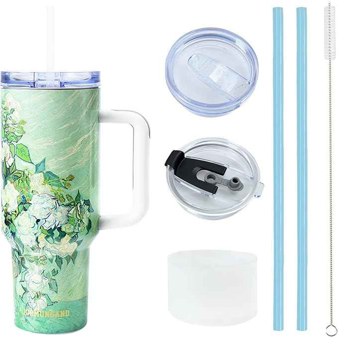 Jormungand 40 oz Tumbler with Handle and Straw, Vacuum Insulated Stainless Steel Cup & Water Bottle, Leakproof Lid, BPA-Free, Cup Holder Friendly for Travel, Keeps Drinks Hot & Cold Roses